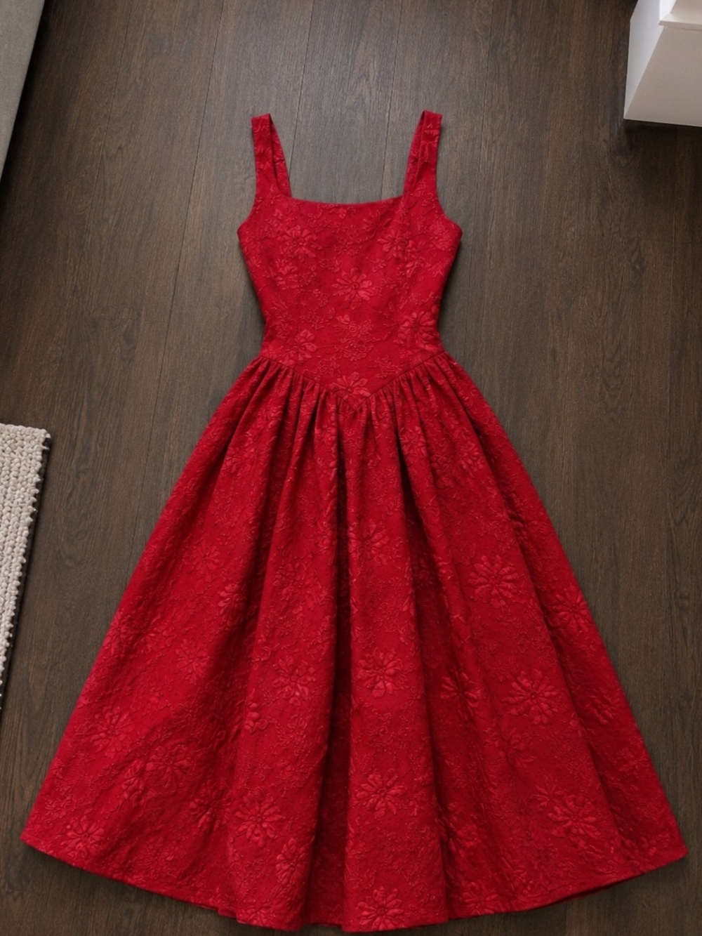 Red Floral Lace Square-Neck Midi Dress